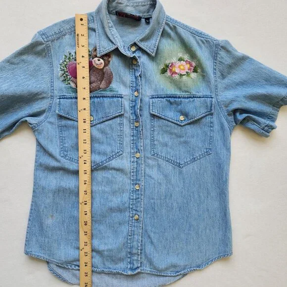 Vintage Denim Shirt Teddy Bear Floral Short Sleeve Spring Summer Cute Teddy Core - Picture 13 of 13